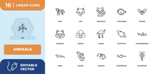 outline icons set - animals concept. aw, cow and more.