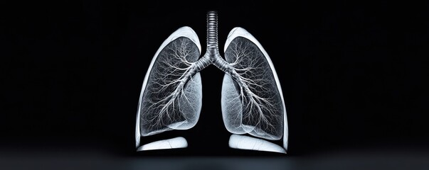 This image depicts a detailed, artistic rendering of human lungs, showcasing their structure and intricate branching patterns against a dark background.