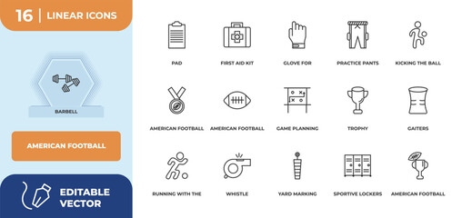outline icons set - american football concept. barbell, pad and more.