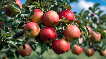 Obraz premium Ripe Red Apples on Tree Branch - Fresh Organic Fruit Gathering Beneath Sunny Blue Sky