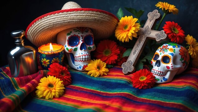 Traditional Day of the Dead altar offering featuring marigold and red sunflowers, vibrant lumineras, a decorative cross, a tequila flask, and a skull adorned with a sombrero.