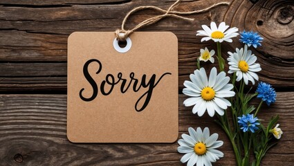 Calligraphy note with the word Sorry, charming wildflowers, an atmosphere of sincerity and tenderness, expressing heartfelt emotion and genuine apology, simplicity and grace.
