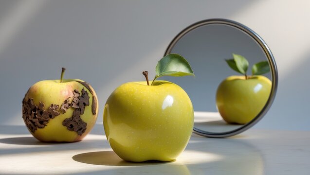 Apple in perfect condition gazing at its reflection in the mirror while its back is decayed. Psychological concept, deception.