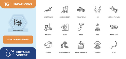 outline icons set - agriculture farming concept. hanging pot, caterpillar and more. © IconArt