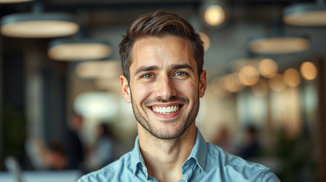 potrait male employee smiling with blurred background of workspace 