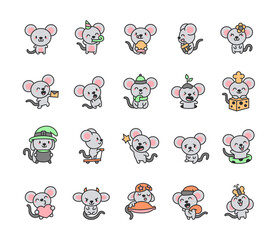 Adorable mouse character set with various emotions, festive accessories, and cute poses, including birthday celebration, holiday themes, and everyday activities in a charming kawaii style