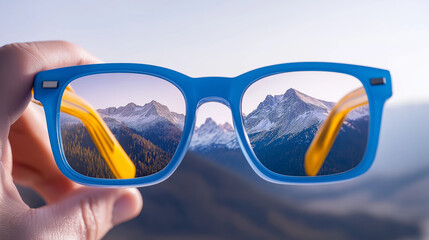 Hand holding blue eyeglasses with yellow temples framing a breathtaking view of snowy mountain peaks, evoking a sense of wanderlust and the allure of adventure