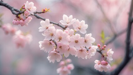 Obraz premium Cherry blossom in full bloom. Cherry flowers grouped closely on a tree branch, transitioning to white. Shallow depth of field. Focus on the central flower cluster.