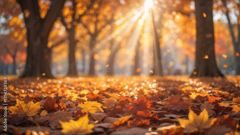 Poster autumn natural bokeh backdrop featuring trees in a park with space for text