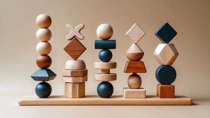 Children's wooden toys. Sequencing blocks as a learning tool for teaching shapes, developing fine motor skills, hand-eye coordination, and mathematical abilities. Natural wood construction set. Edu...