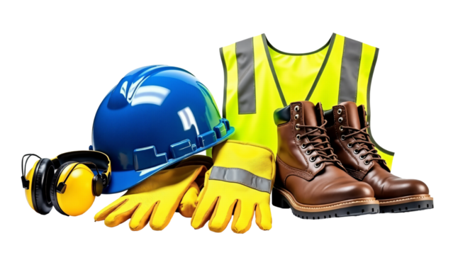 Collection of Safety Gear for Construction: Hard Hat, Vest, Gloves, Headphones, Boots, and Glasses Isolated on Transparent Background