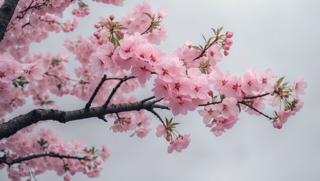 Sakura branch with pink flowers set against a white background, solitary.