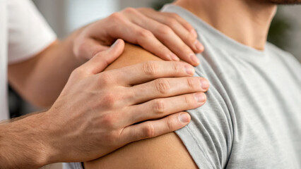 Hands applying muscle relaxation techniques on person shoulder, conveying sense of care and comfort. This close up emphasizes importance of touch in therapy
