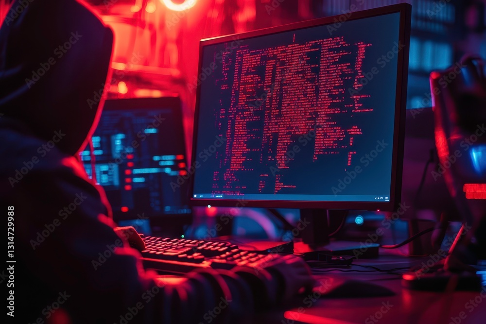 Fototapete hacker in the dark room coding virus on computer. cyber attack, data breach, internet security for w
