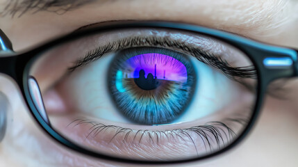 Close up of a woman's eye with glasses, inserting a contact lens, reflecting a cityscape at sunset