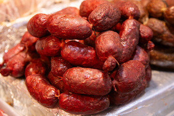 Chorizo pork meat. Meat stall in the central market of the city of Oaxaca in Mexico.