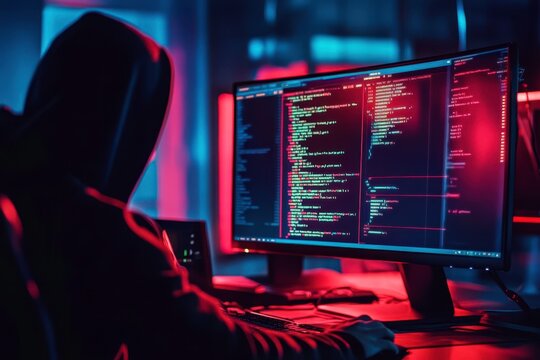 Hacker coding on computer at night. Cybercrime, virtual reality, information technology development. A man creating virus program for attacking and data theft