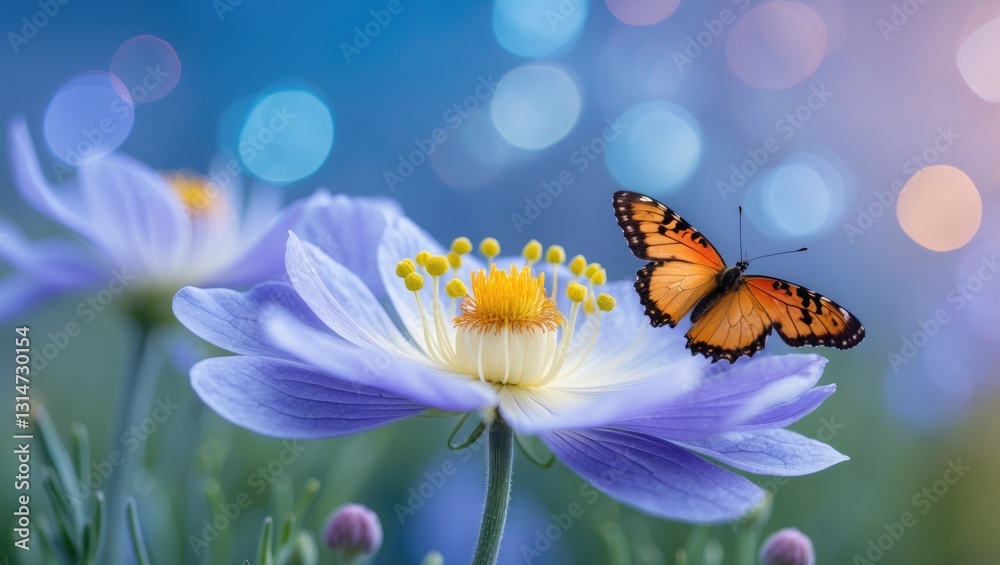 Wall mural detail with shallow focus of white anemone flower featuring yellow stamens and a butterfly in nature