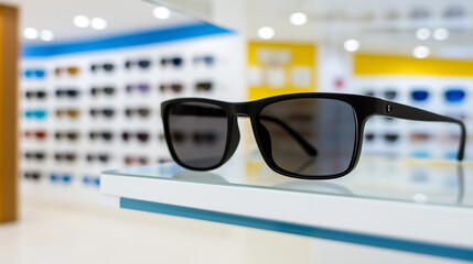 Black designer sunglasses resting on minimalist store shelf, highlighting contemporary eyewear fashion and sophisticated vision accessories