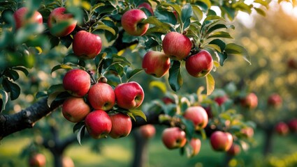 Fototapeta premium Apple trees laden with ripe red apples in the garden. Natural red apples hanging from branches of trees. Red juicy apples in an apple orchard.