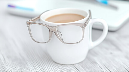 Eyeglasses are perched on a coffee cup, subtly suggesting a break from work or study, with a laptop blurred in the background hinting at ongoing tasks