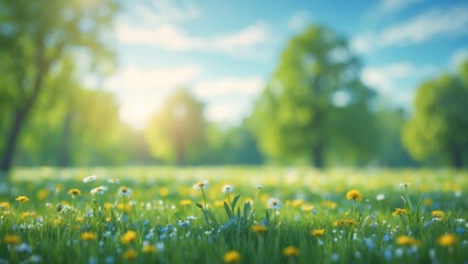 Fototapeta premium Beautiful blurred spring nature background featuring a blooming glade, trees, and a blue sky on a sunny day.