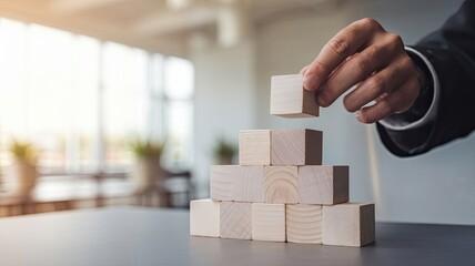 Building Success: A hand carefully places a wooden block atop a growing pyramid, symbolizing the strategic construction of a thriving business.  The image embodies the meticulous process of planning.