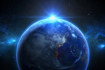 Fototapeta premium Earth from space, glowing blue planet, cosmic background