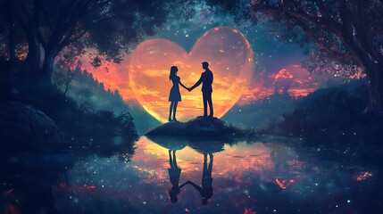 Obraz premium there are two people holding hands in front of a heart shaped lake