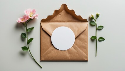 Round blank sticker mockup on a kraft paper gift bag, circle tag mockup, adhesive thank you card, and round product label with pink flowers.