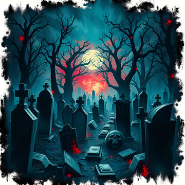 Fantastically mysterious cemetery with tombstones and terribly scary atmosphere, abstract vivid composition consists of fictional unreal fantastic vision on background