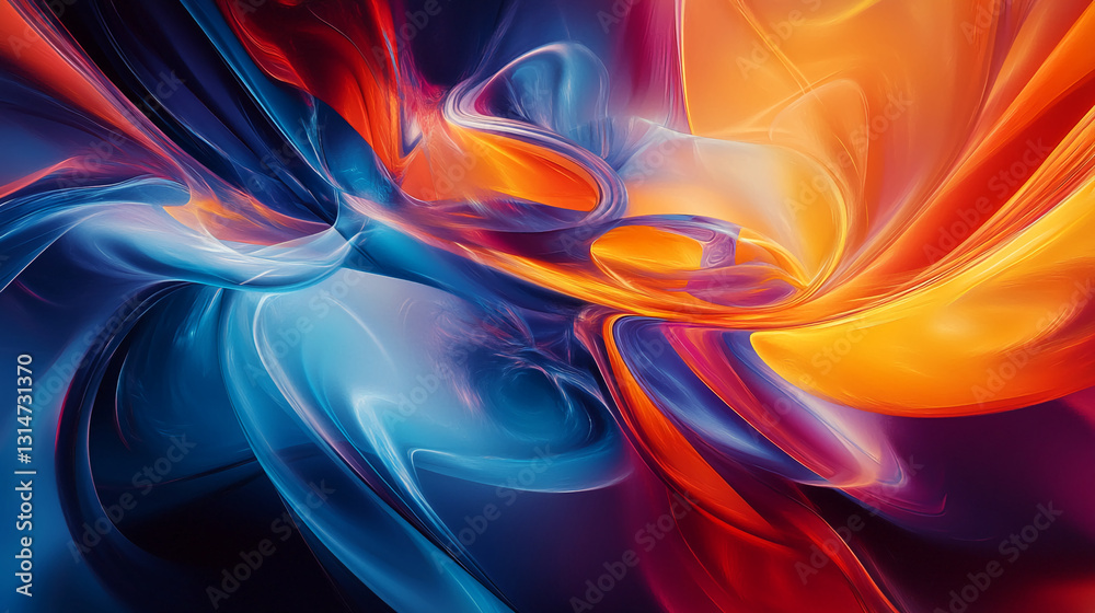 Poster abstract image with swirling blue, orange, and red hues creating a dynamic, flowing composition sugg