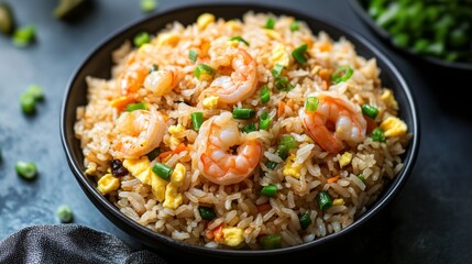 Fried Rice  A delicious top-down shot of fried rice with vegetables, scrambled eggs, and pieces of shrimp or chicken, garnished with green onions.