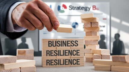 Building Business Resilience: A hand carefully places a wooden block onto a tower spelling out "BUSINESS RESILIENCE," symbolizing strategic planning and risk management in the business world.