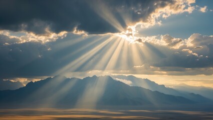 Beam of light penetrating the clouds. Light rays illuminating through clouds.