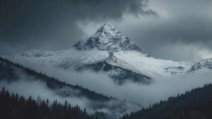 Obraz premium Atmospheric landscape in dark tones featuring a forested snowy mountain shrouded in low clouds. Gloomy overcast environment with towering mountains, forest, and snow beneath a lead gray sky. Dismal...