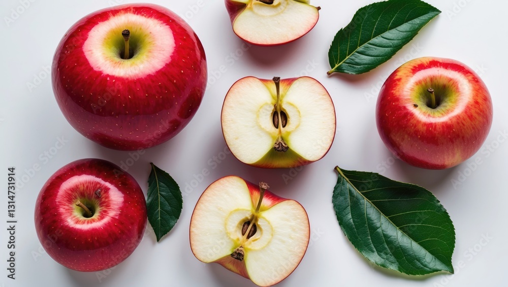 Poster collection of red apples, apple slices, and halves isolated on a white background.