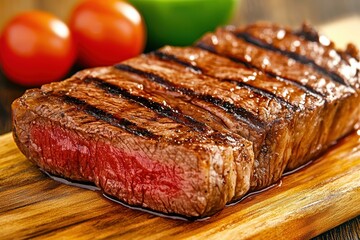 Grilled steak on a board, with grill marks and a patio view, juicy in a hearty cookout scene