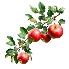 Obraz premium Fresh Red Apples on Branch with Green Leaves Isolated on White Background