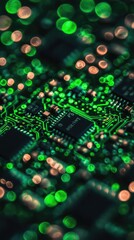 Obraz premium Circuit board close-up, green lights bokeh background, technology, electronic components