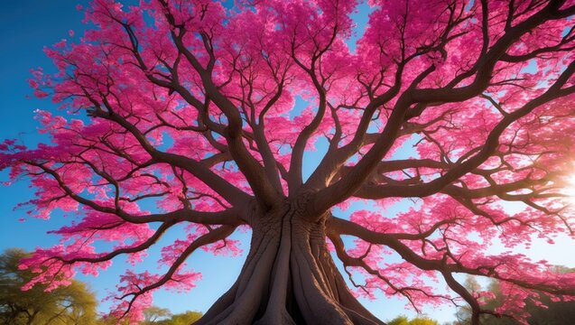 Pink lapacho tree illuminated by sunlight from behind.