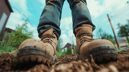 Weathered gardening boots sinking into rich, dark earth, revealing hands on cultivation and deep soil engagement
