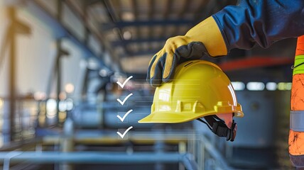 Safety First: A close-up captures a construction worker holding a yellow safety helmet with checkmarks, symbolizing adherence to safety protocols, the importance of protective gear in the workplace.