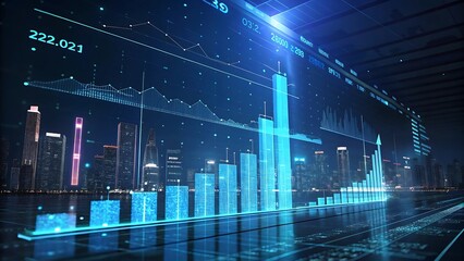 Futuristic city skyline with financial data overlay.