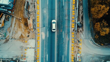 Aerial View of Urban Road Construction with Car Driving Through