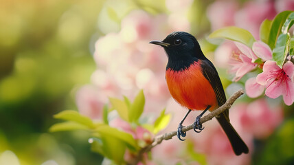 Colorful songbird with black head and wings and orange chest is perching on a branch of a flowering tree with pink blossom