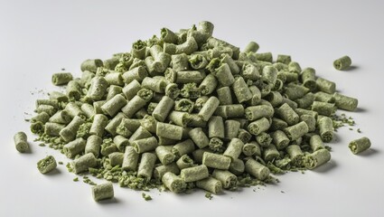 Pile of alfalfa pellets situated on a white background.