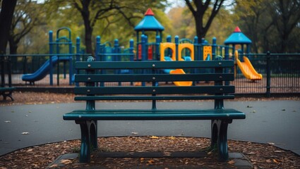 Park bench located in front of playground within public park.
