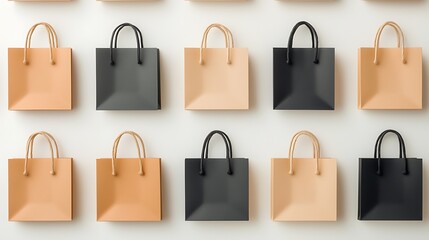 Shopping bags displayed on a wall modern retail store photographic art minimalist design contemporary viewpoint