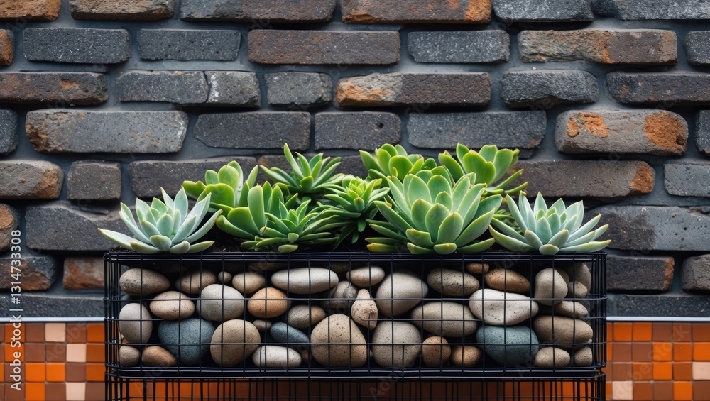 Aufkleber A decorative display of plants in a wire frame planter set against a textured brick wall, emphasizing modern design and the integration of nature in urban environments.